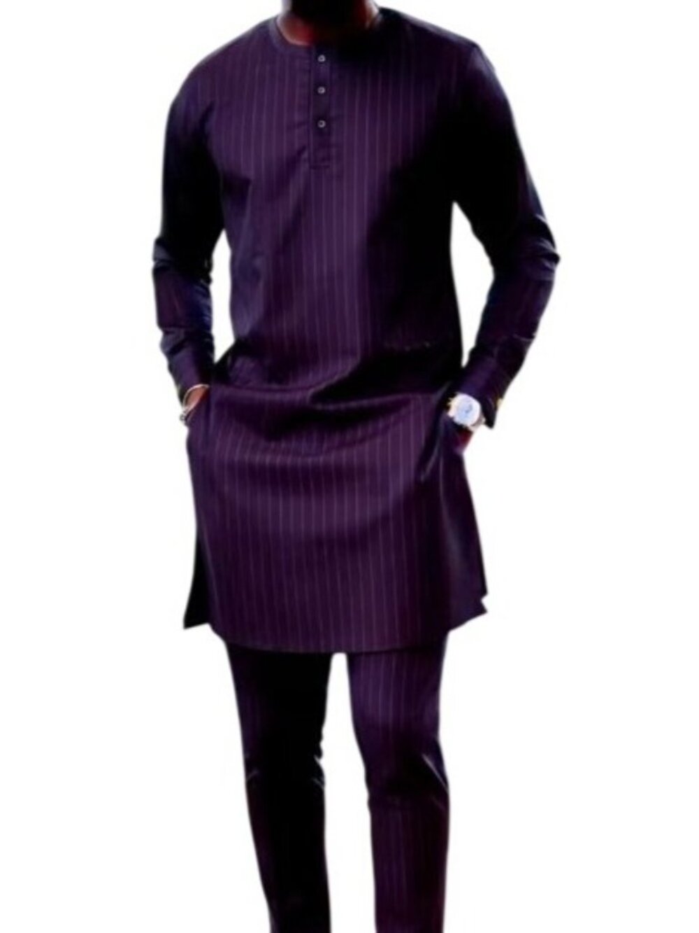 African Formal Dashiki Purple Stripe Shirt & Pant Suit Traditional Dress Outfit